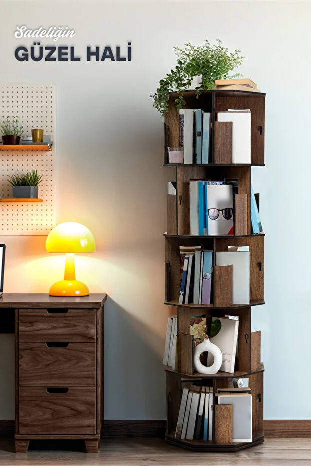 5 Katlı Döner Kitaplık | 360° Dönebilen, 100 Kitap Kapasiteli, Ceviz Renk